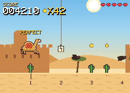 Oont the camel leaps a cactus in the Thar desert; a rest-sign hangs over beat 2, birds and cacti wait on 3 and 4.